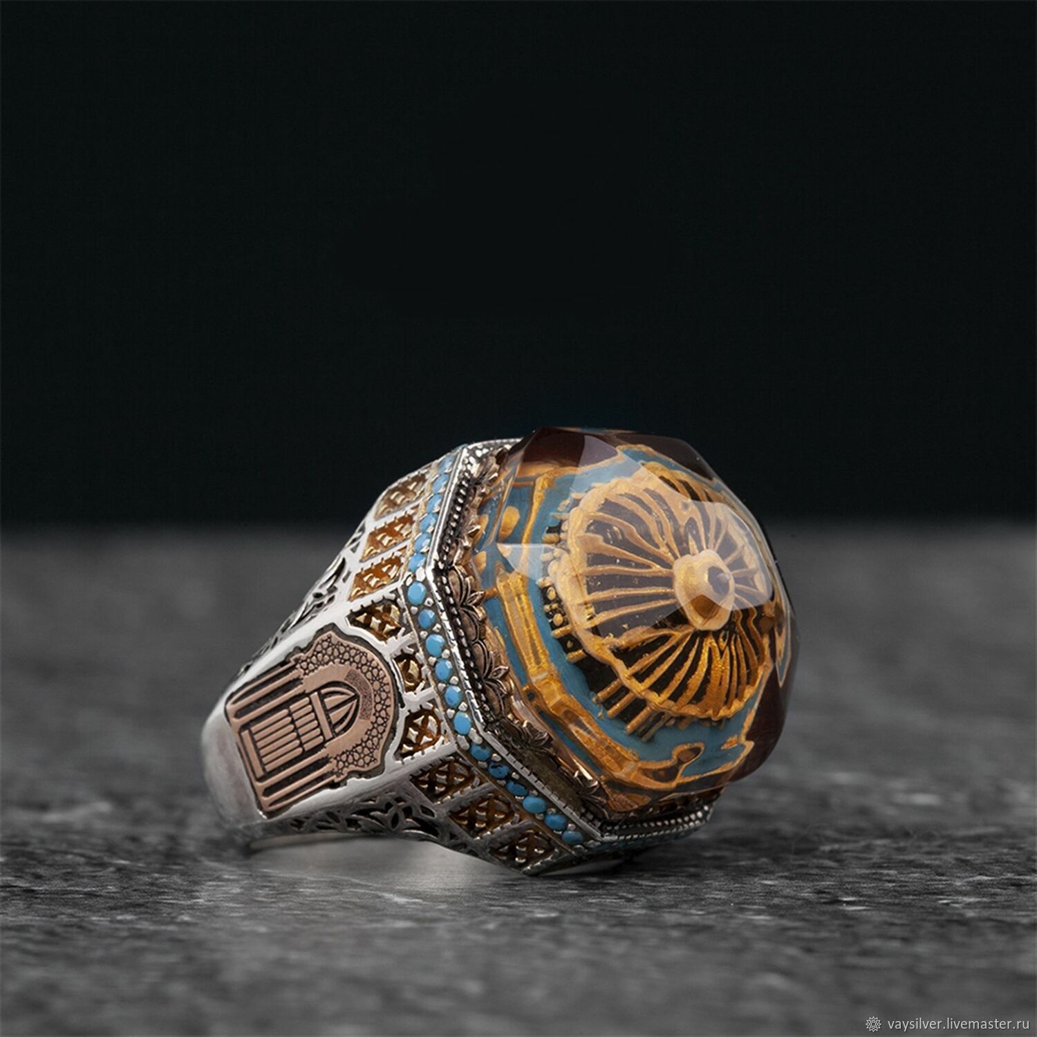 خاتم مصنوع يدويًا من الفضة الإسترلينية عيار 925 على شكل تمثال مسجد فيروزي