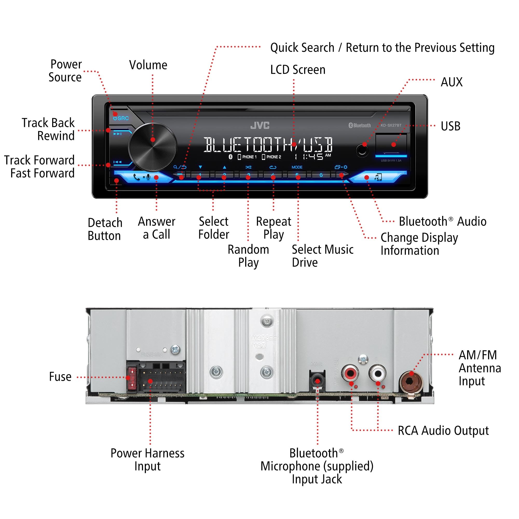 جهاز ستيريو سيارة JVC KD-SX27BT مزود بتقنية بلوتوث